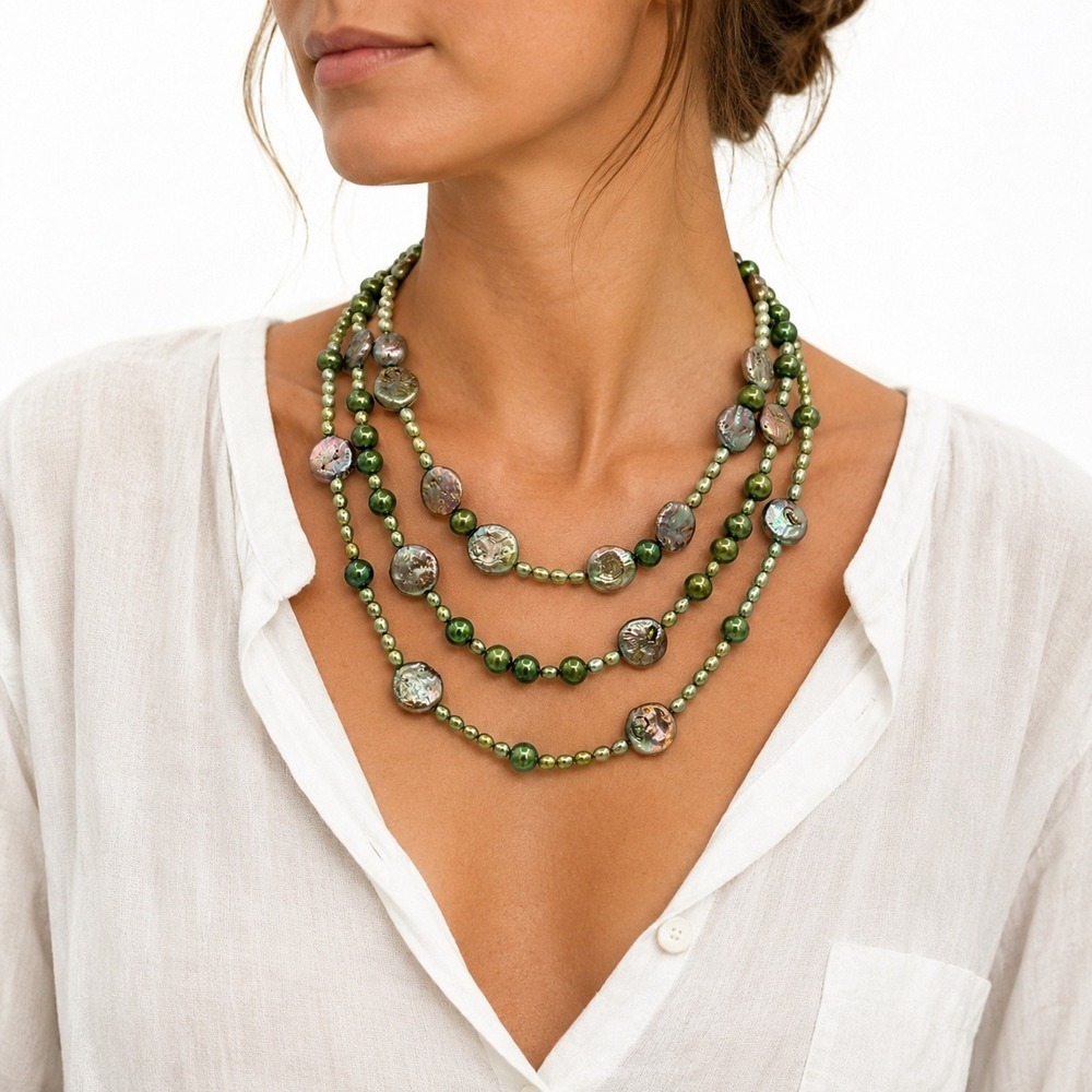 Multi Strand Green Freshwater Pearl‎ Necklace Coin Pearl Torsade Necklace